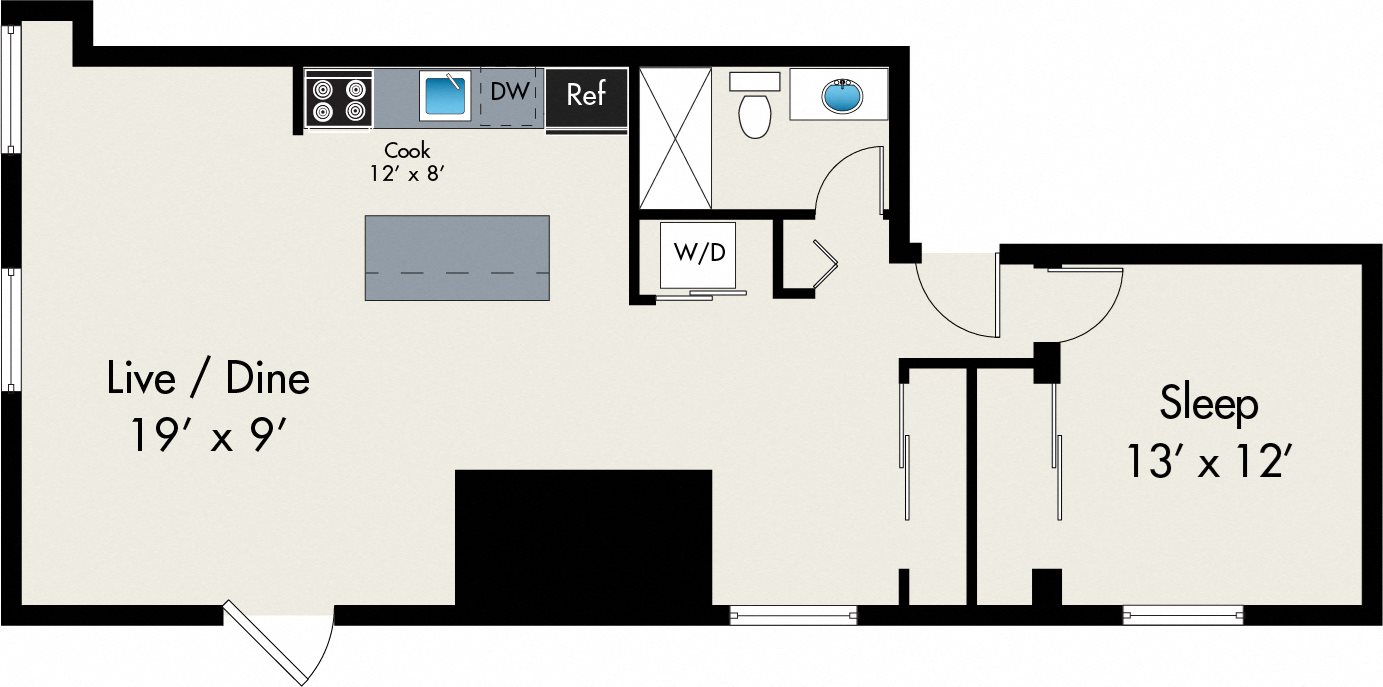 1 Bed 1 Bath Floor plan 1 Bed 1 Bath Floor plan at The Lofts at Gin Alley Apartments, Chicago, Illinois